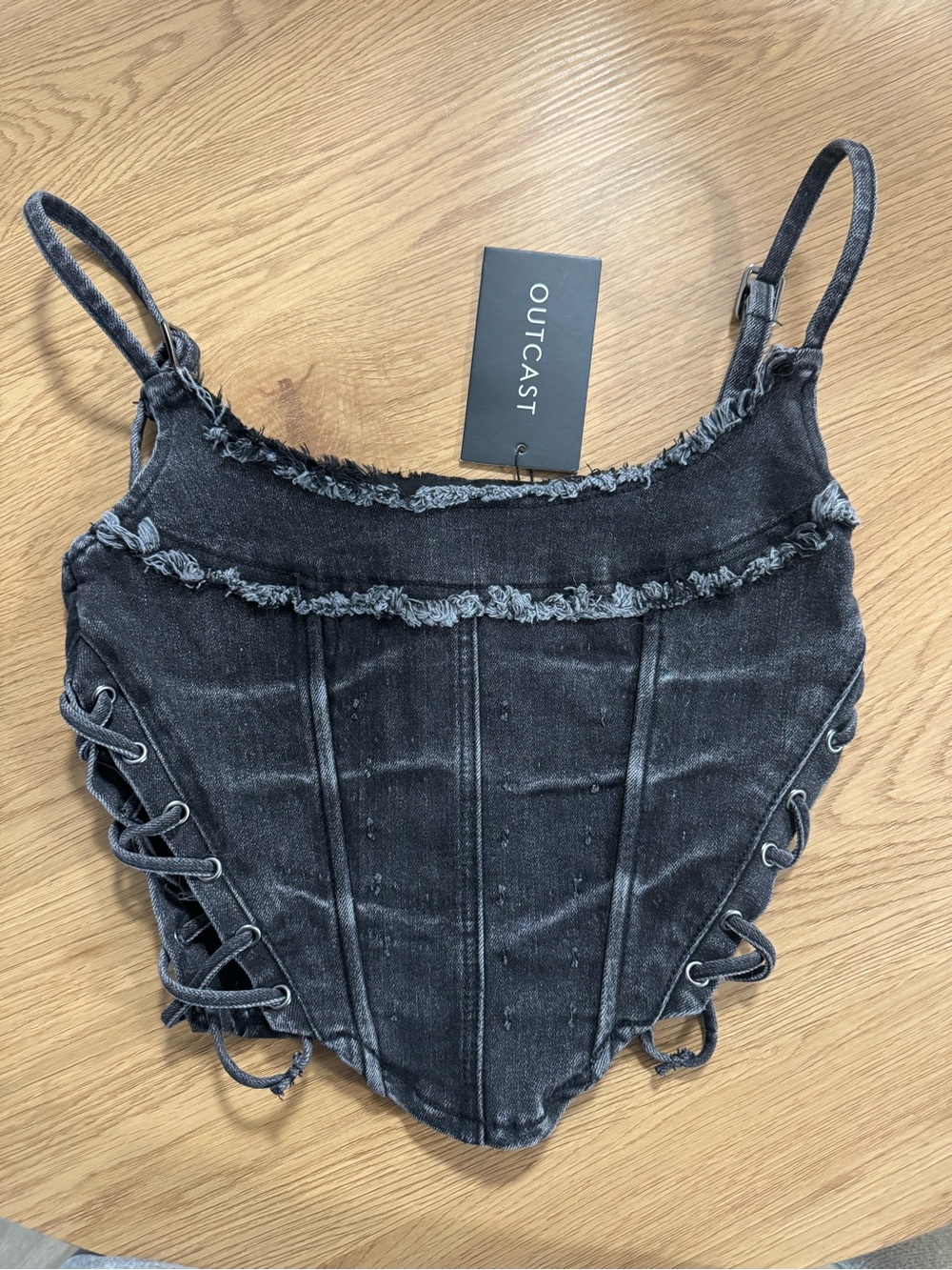 Outcast Atomic Top Black Denim Corset Y2K Lace Up NWT Small